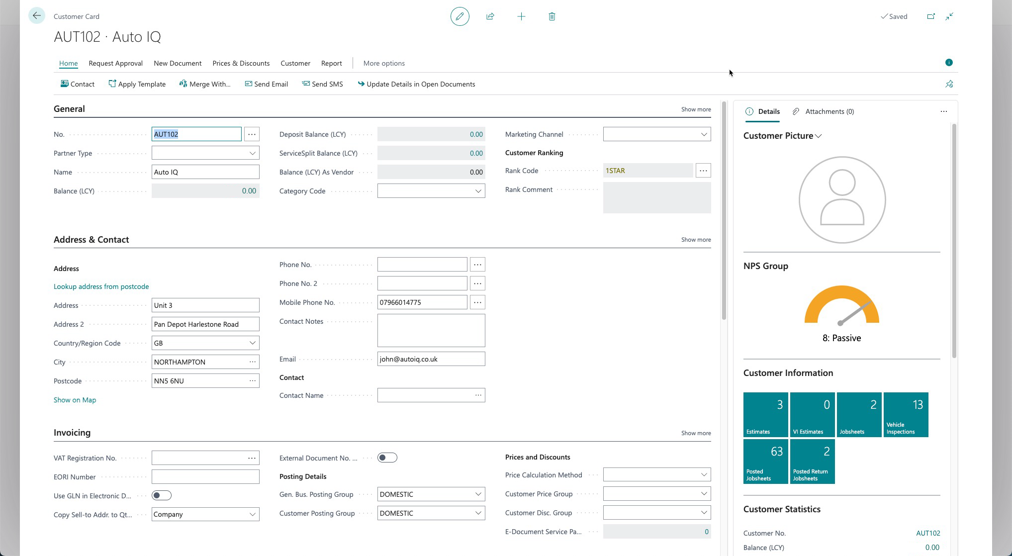 A customer card in Business Central, showing dozens of fields across three columns