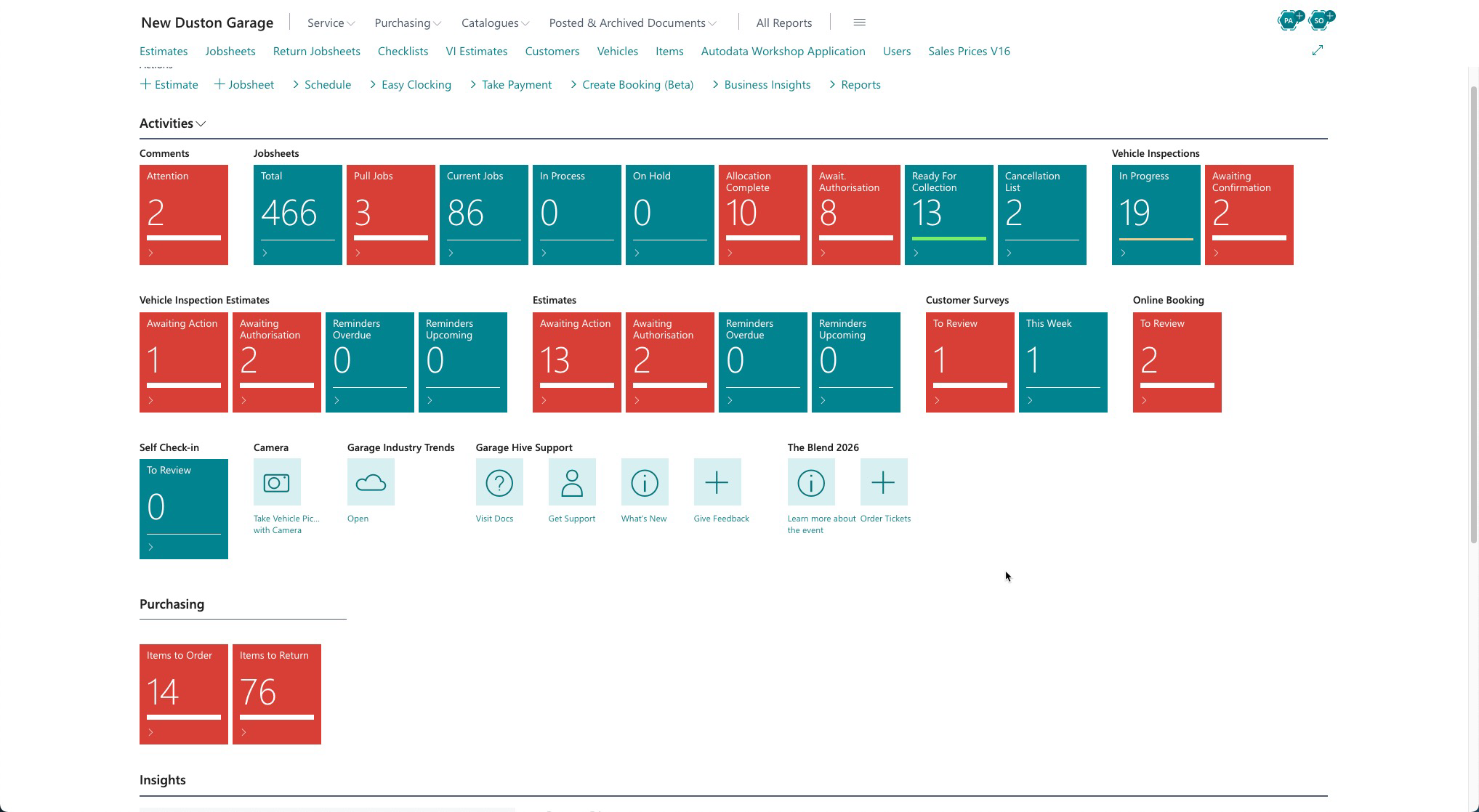 The New Duston Garage activities dashboard in Business Central, a wall of red and teal count tiles