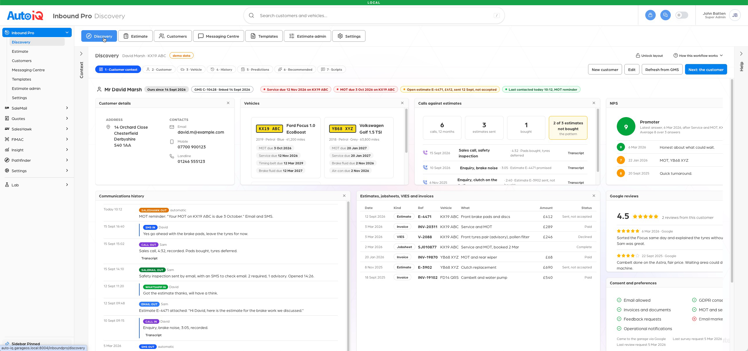 The Inbound Pro Discovery screen: customer, vehicles, calls against estimates, reviews and consent