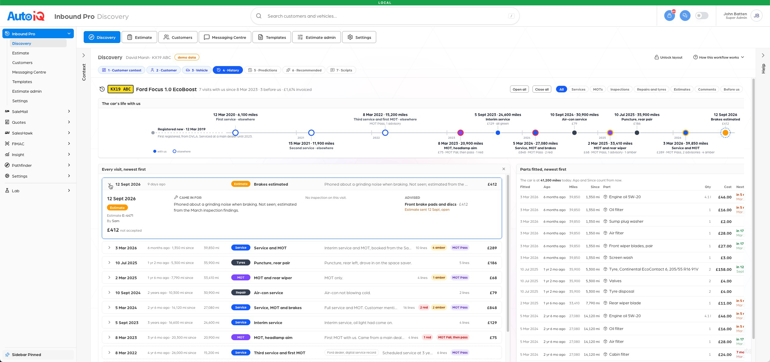 The Inbound Pro history screen: the car's life with us on a timeline, every visit and every part fitted