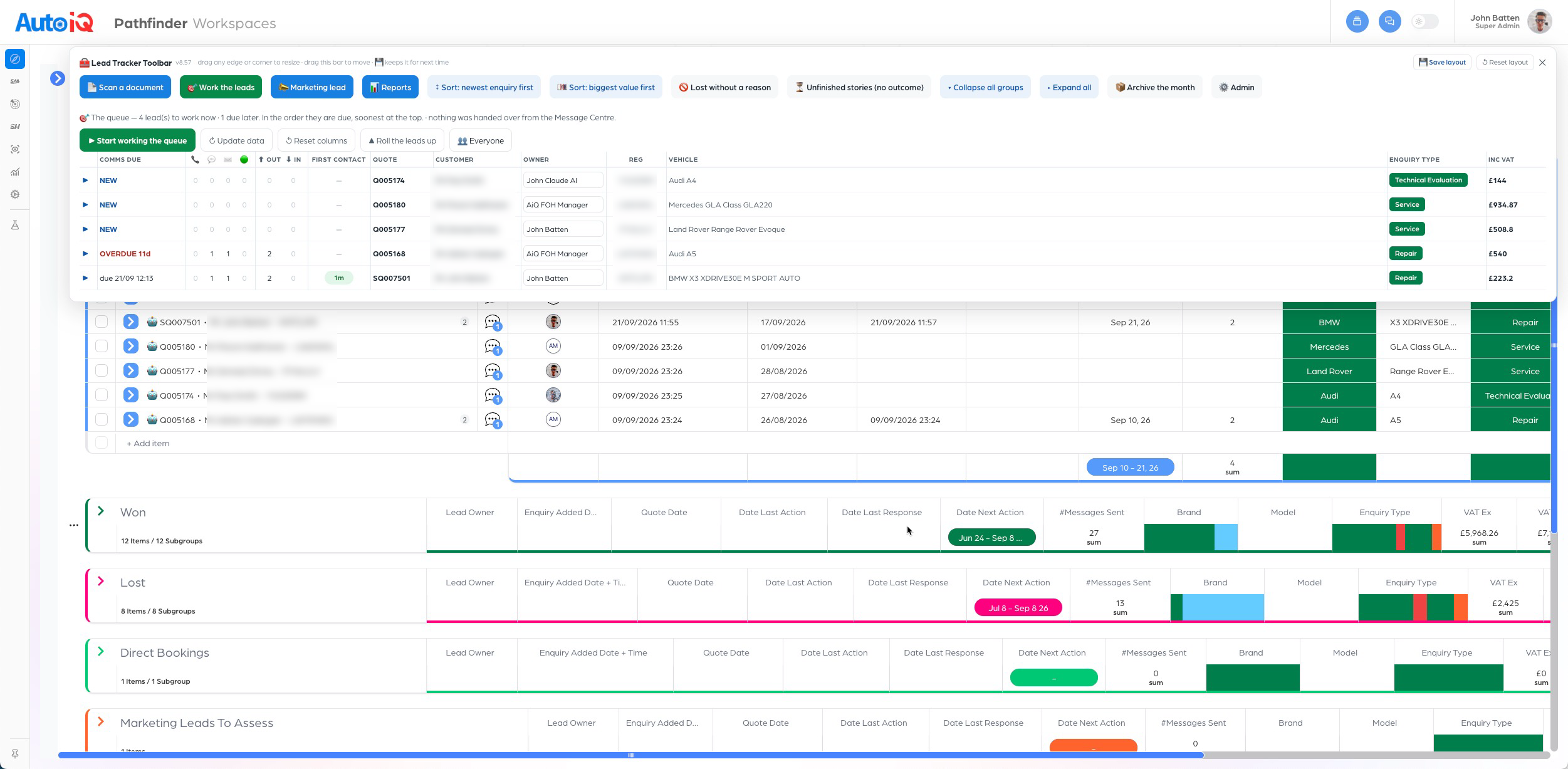 The Lead Tracker toolbar sitting over the Pathfinder board, listing the leads due a call