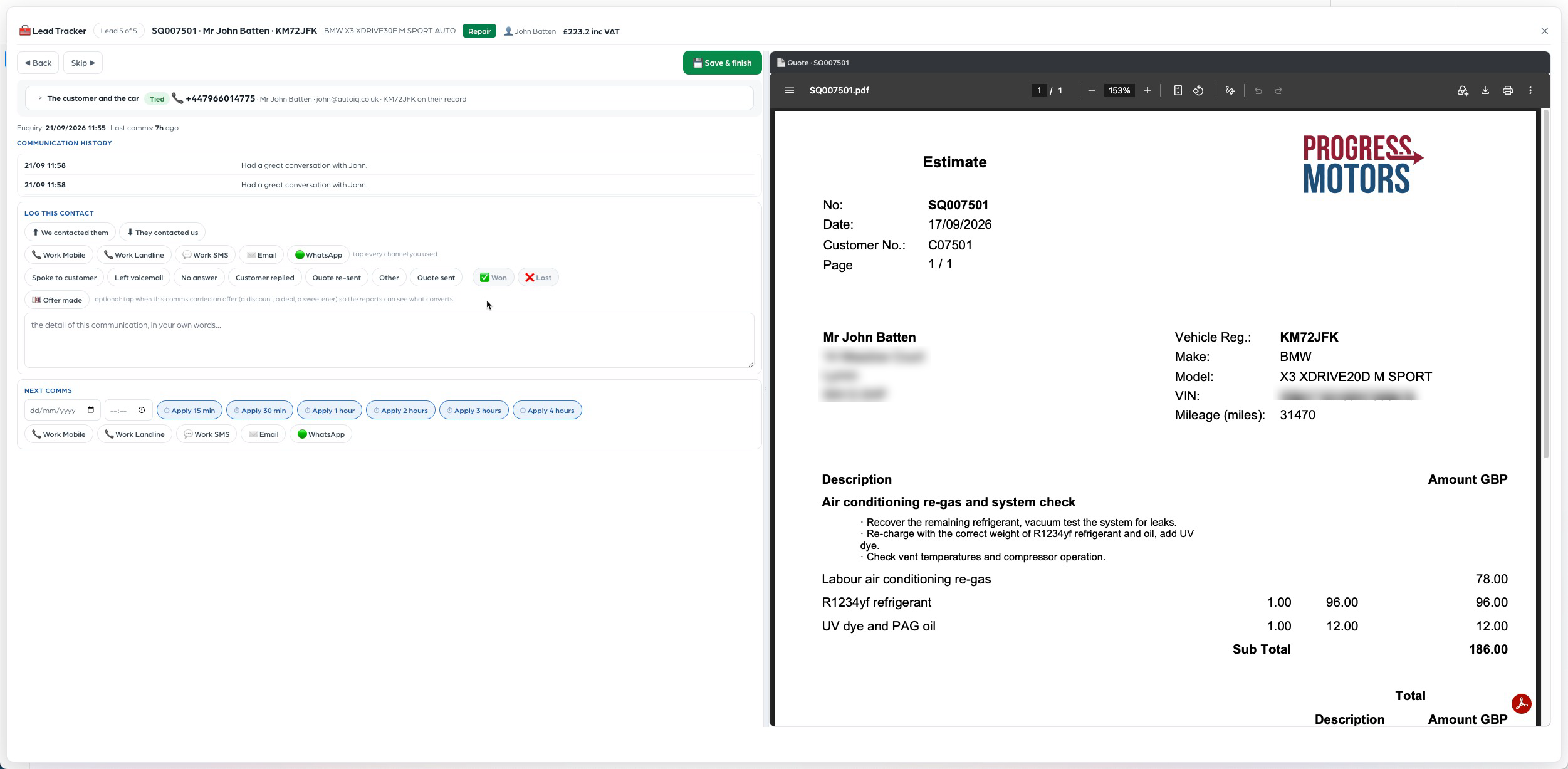 The lead screen: the quote PDF on the right, the contact log and next call time on the left